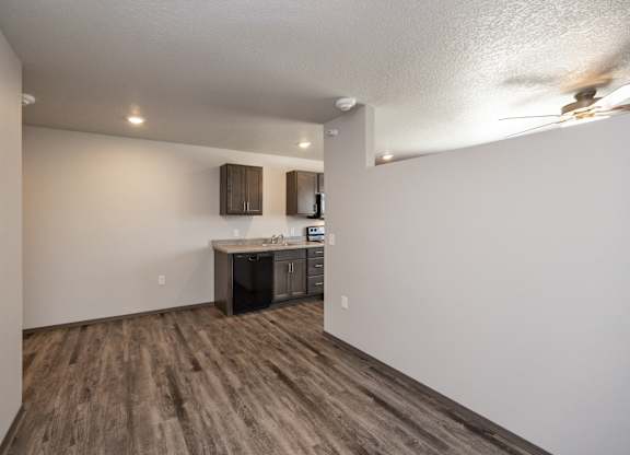 A kitchen area with a counter and cabinets.