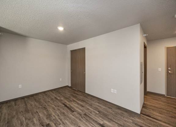 A room with wooden floors and two brown doors.