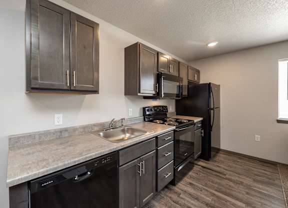 A kitchen with black appliances and cabinets.