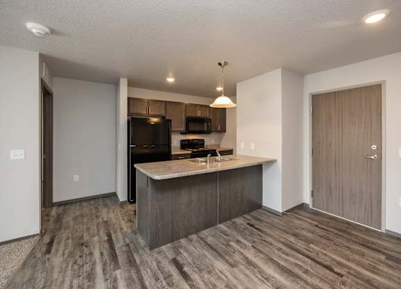 A kitchen with a wooden floor and a countertop.