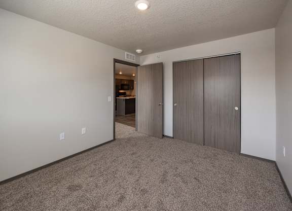 A room with carpeted floor and a closet with a door.