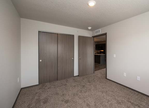 A room with carpeted floor and two closets.