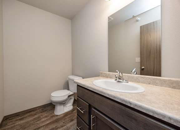 A bathroom with a toilet, sink, and mirror.