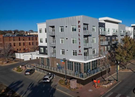 A Phillips building is seen from an aerial view.