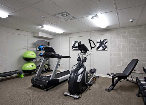 A gym with a treadmill, exercise bike, and weights.