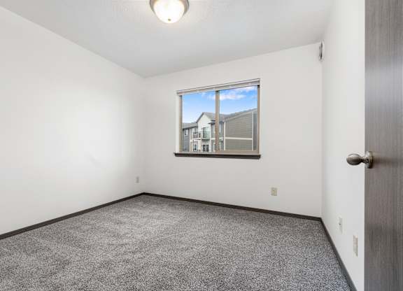 A room with a carpeted floor and a window showing a building outside.