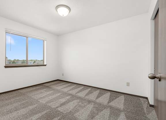 A room with a carpeted floor and a window.