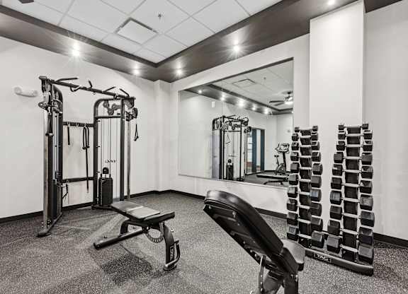 A gym with a bench, weights, and a mirror.