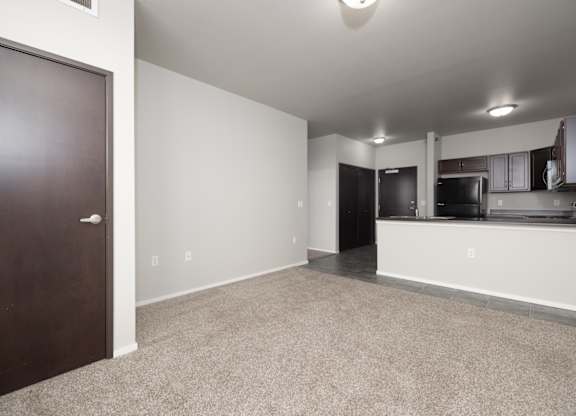 A room with a brown door and a carpeted floor.