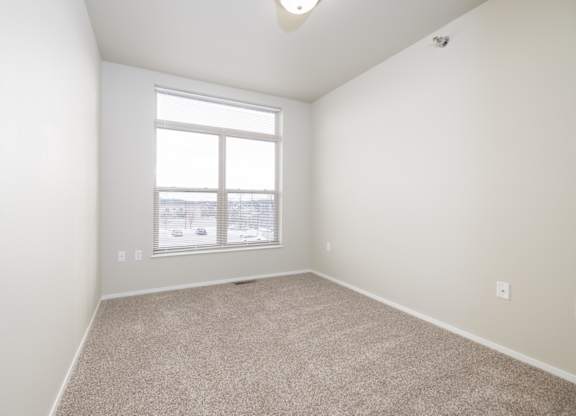 A room with a carpeted floor and a window.