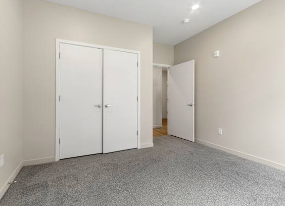 A room with two white doors and a carpeted floor.