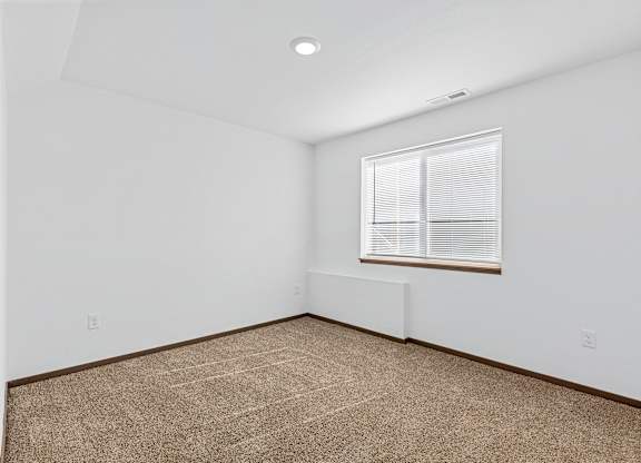 A room with a window and carpeted floor.