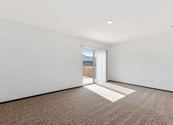 A room with a carpet and a door leading outside.