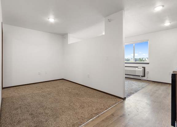 A large empty room with a carpeted floor and a window.