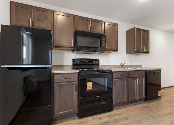 A black refrigerator and microwave are on a kitchen counter with brown cabinets.