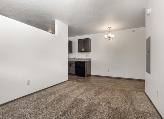 A room with a carpeted floor and a kitchen area in the background.