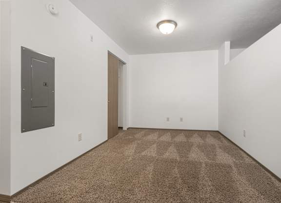 A room with a carpeted floor and a door.