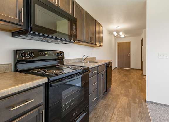 A kitchen with black appliances and wooden cabinets.