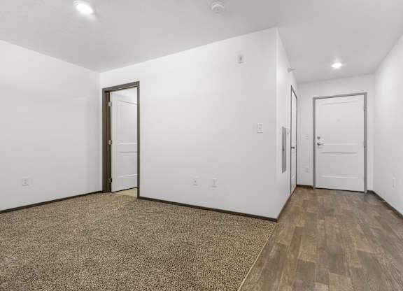 A room with a carpeted floor and two doors.