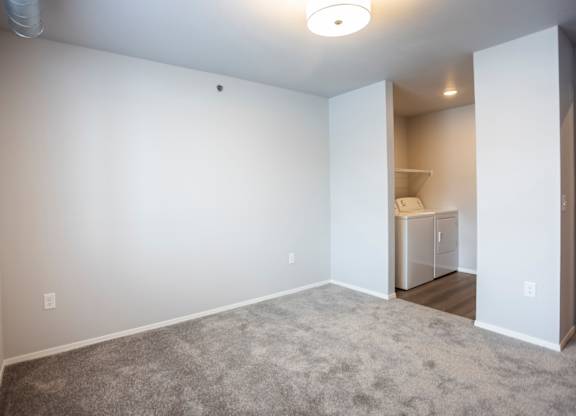 Bright, vacant bedroom with neutral walls and carpet flooring.