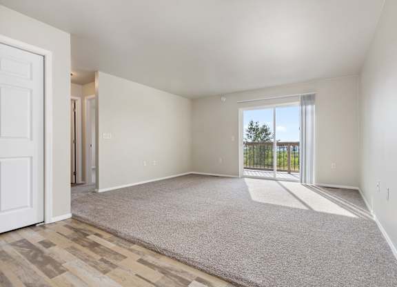 A room with a carpeted floor and a sliding glass door leading outside.