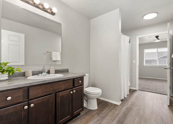 A bathroom with a toilet, sink, and mirror.