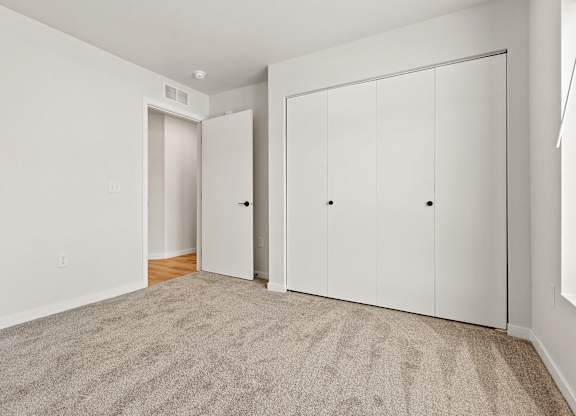 A room with a carpeted floor and two white doors.