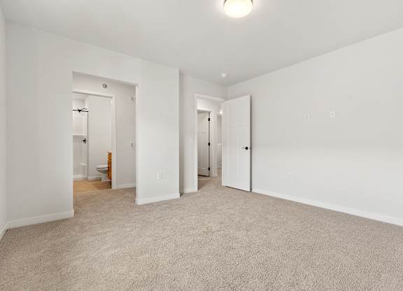 A white room with a carpeted floor and two doors.