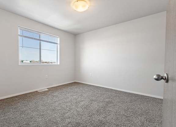 A room with a carpeted floor, a window, and a door.