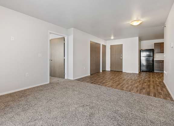 A spacious living room with a carpeted floor and a kitchen area in the background.