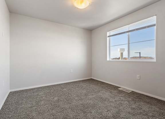 A room with a carpeted floor and a window showing a view of a building outside.