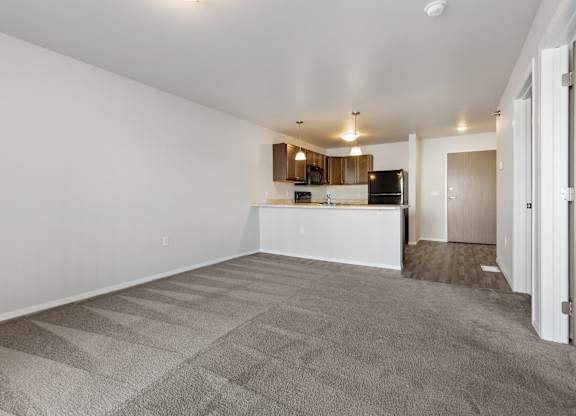 A spacious living room with a carpeted floor and a kitchen area in the background.