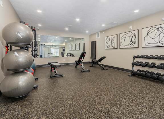 A gym with a variety of equipment including dumbbells, weight plates, and exercise balls.