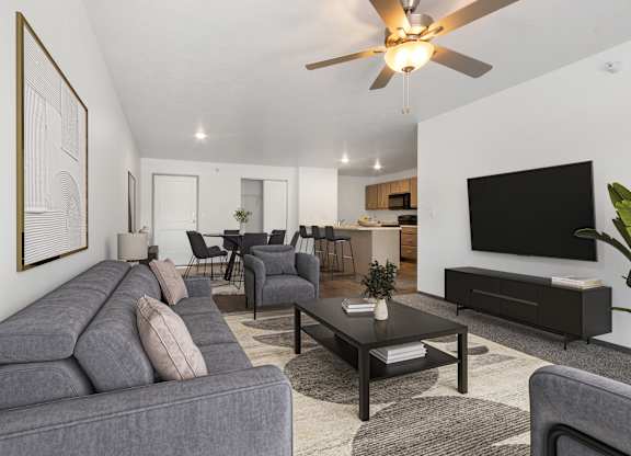A living room with a grey sofa and a black television.