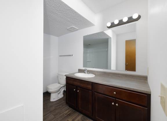 A bathroom with a toilet, sink, and mirror.