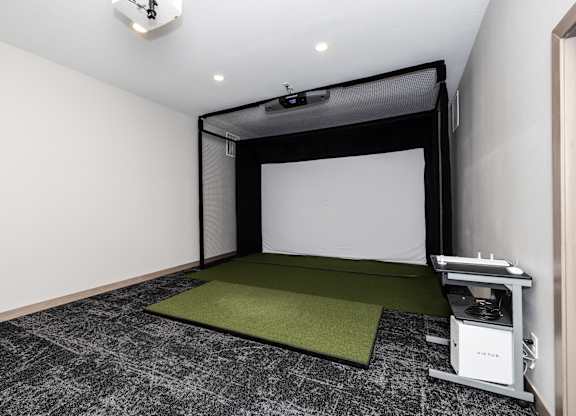 A room with a projector and a green carpet.