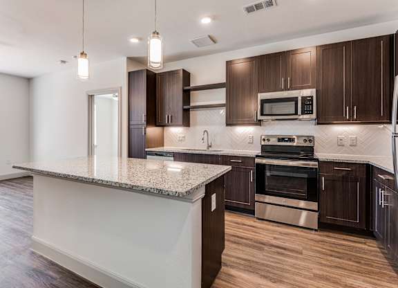 Modern kitchen with dark wood cabinets and stainless steel appliances at Park Hill, Texas, 75211