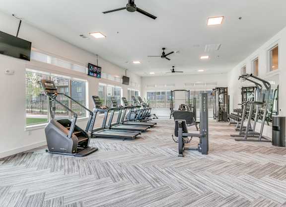 A gym with treadmills, elliptical machines, and a fan.