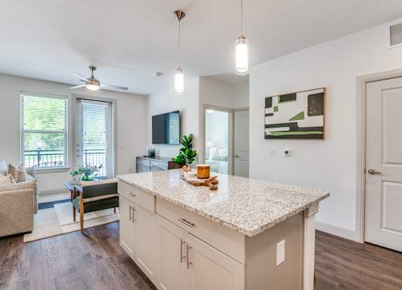 A kitchen with a countertop and cabinets.