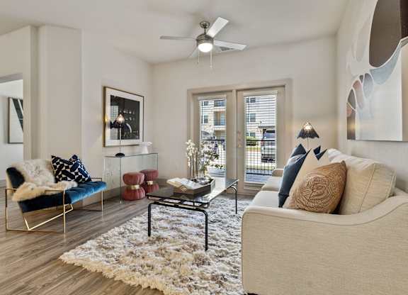 Living Room with ceiling fan at McCarty Commons, San Marcos, Texas