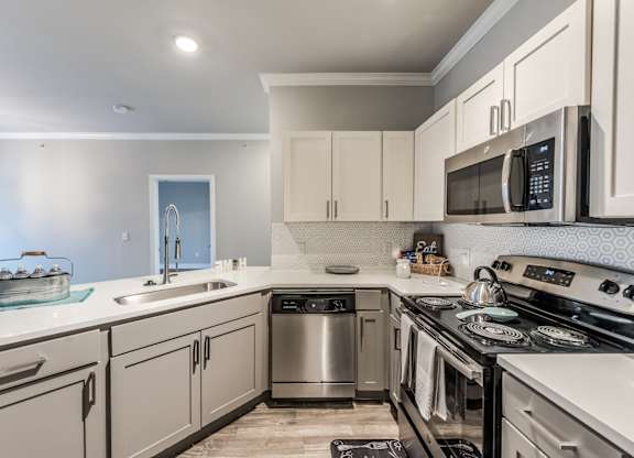 A modern kitchen with a stainless steel dishwasher and oven at Rosemary Apartments, Conroe, Texas