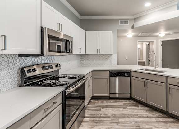 A modern kitchen with a stove, microwave, and dishwasher at Rosemary Apartments, Texas
