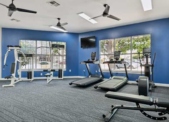 A gym with treadmills, weights, and exercise equipment.
