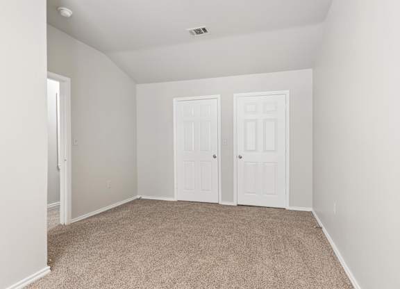 A room with two white doors and carpeted floor.