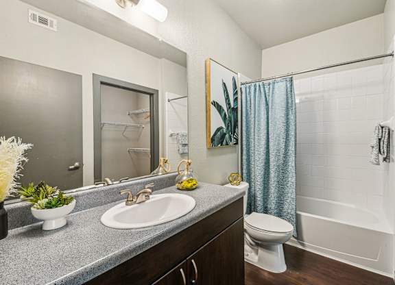 A bathroom with a sink, toilet, and shower.