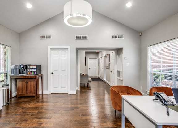 Leasing office with coffee bar and seating at Monarch Medical Center Apartments, Houston, TX 77054