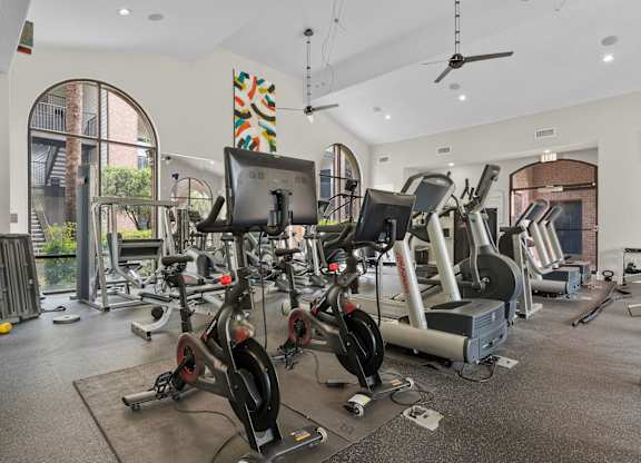 Fitness with cardio and strength equipment at Melia Medical Center Apartments, Houston, Texas