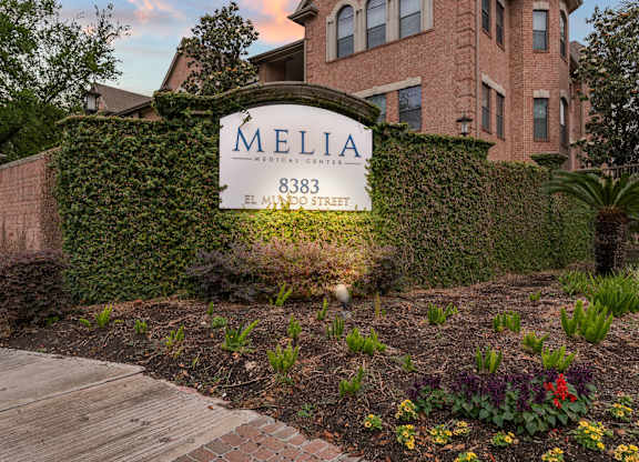 Monument sign with ivy covered wall and landscaping at Melia Medical Center Apartments, Houston, 77054