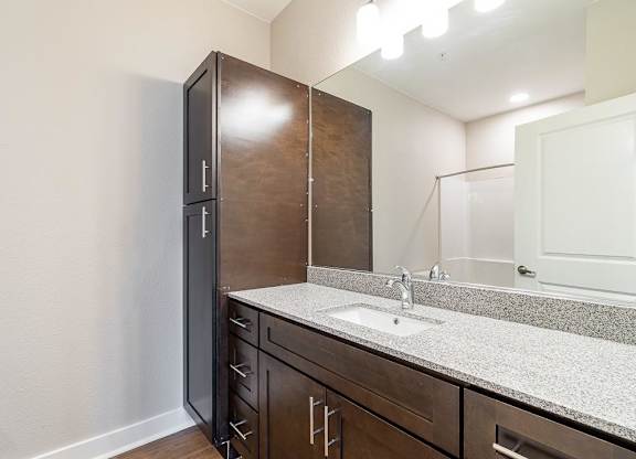 a bathroom with a sink and a mirror at The Fitzroy San Marcos, Texas