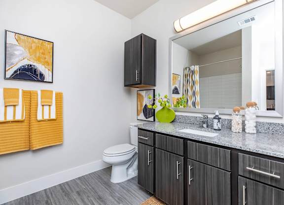 Modern bathroom with dark cabinetry and granite countertop at Sienna at Westover Hills Apartments, Texas, 78253